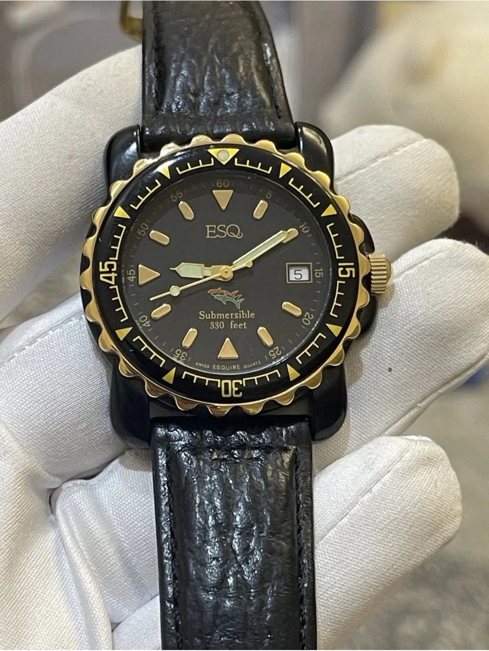 ESQ Movado Submersible Black Dial Gold Tone 330ft Diver 40mm Men’s Quartz